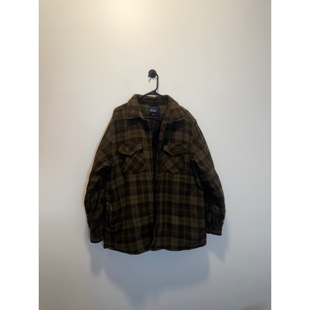 Cherokee Mens XL Quilted Lined Flannel Shirt Jacket Plaid Olive Green Brown